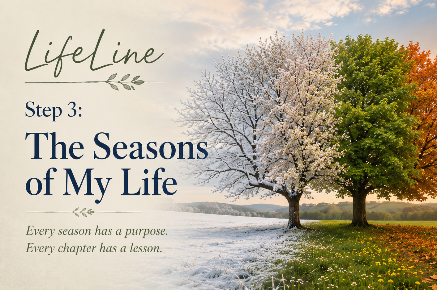 Tree displaying winter, spring, summer, and fall seasons with the title LifeLine Step 3: The Seasons of My Life.