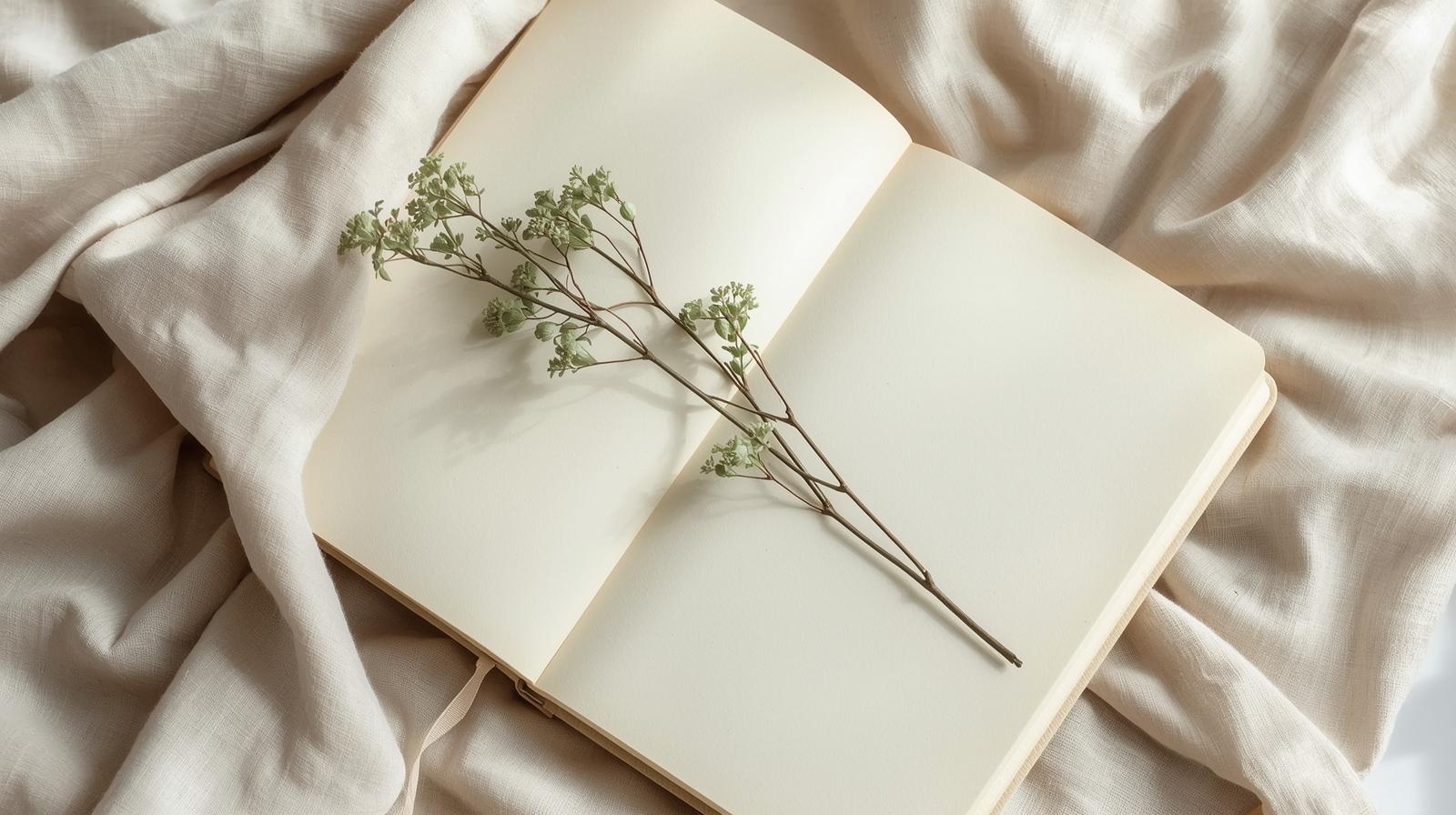 Open journal on soft fabric with dried flowers, evoking calm, clarity, and gentle reflection