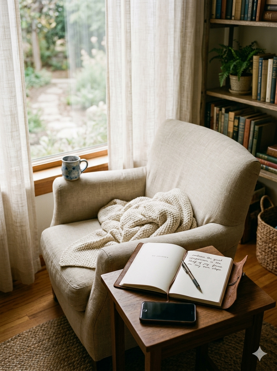 A cozy linen armchair with a soft knit blanket by a window next to an open leather journal and a face-down phone, representing a peaceful self-care routine for women after caregiving.