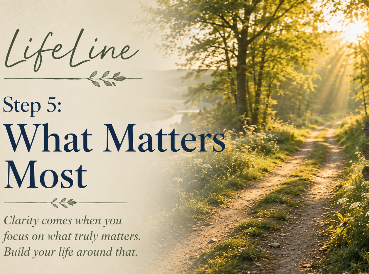 Sunlit path through a forest with a signpost labeled Faith, Family, and Growth and the title LifeLine Step 5: What Matters Most.