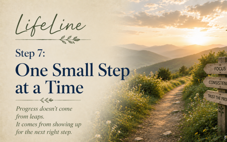 Mountain trail at sunrise with a signpost reading Focus, Consistency, and Trust the Process alongside the title LifeLine Step 7: One Small Step at a Time.