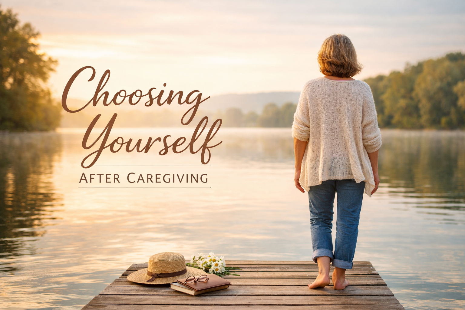 A woman standing at the edge of a wooden dock overlooking a calm lake at sunrise, symbolizing peace, reflection, and choosing herself after caregiving.